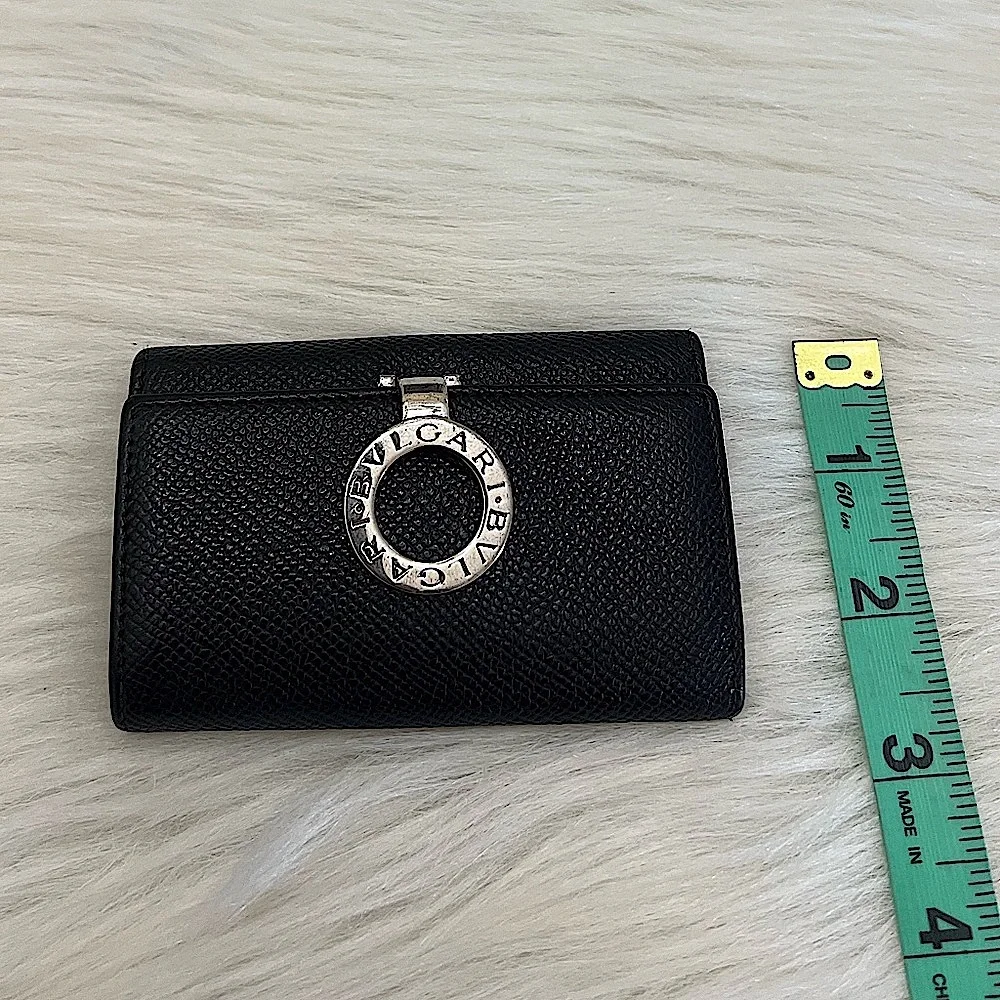 BVLGARI - BLACK SILVER TEXTURED LEATHER COMPACT KEY HOLDER CASE WALLET